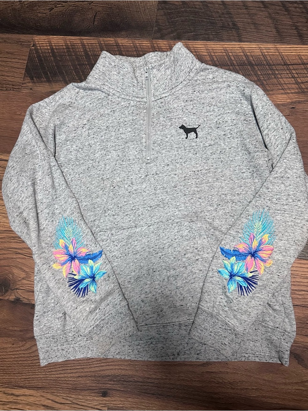 Heather Gray Quarter-Zip Pullover with Floral Sleeve Embroidery